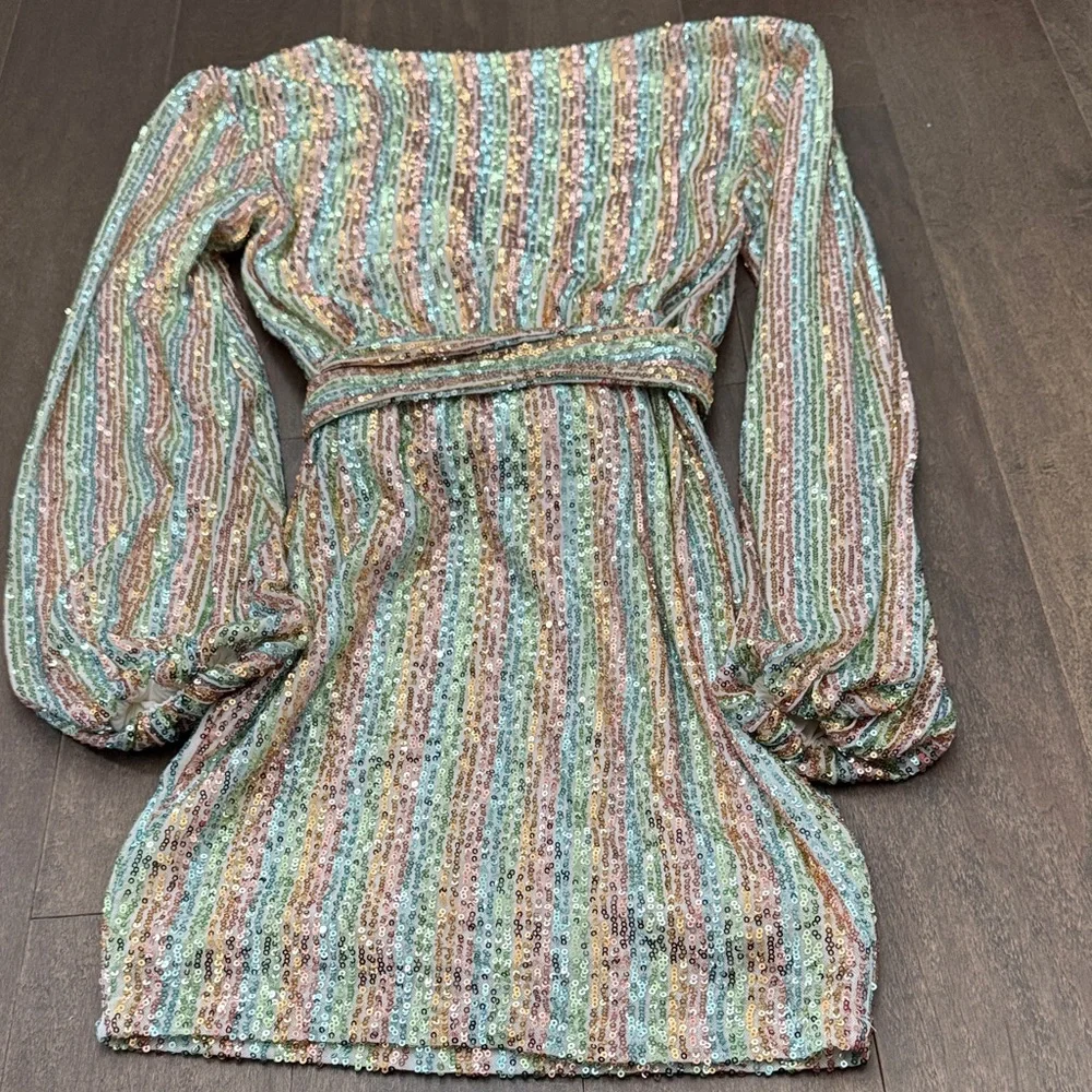 bebe XS Pastel Rainbow Sequin Balloon Sleeve Mini Dress Tie Waist